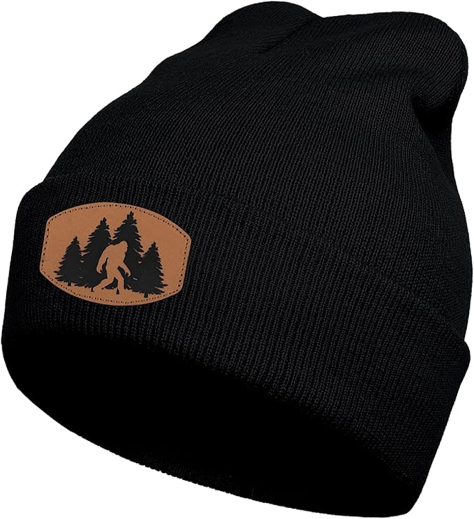 Big Foot Beanie Hat, Sasquatch Leather Patch Winter Knit Skull Cap Bigfoot Gifts for Adult Men Women