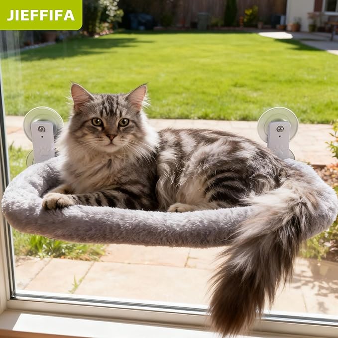 Cat Window Perch with Strong Suction Cups, Cat Window Hammock Foldable Bed with Breathable Mesh, All-Season Lounger for Medium Small Cats to Bird Watch & Sunbathe (Grey, L)