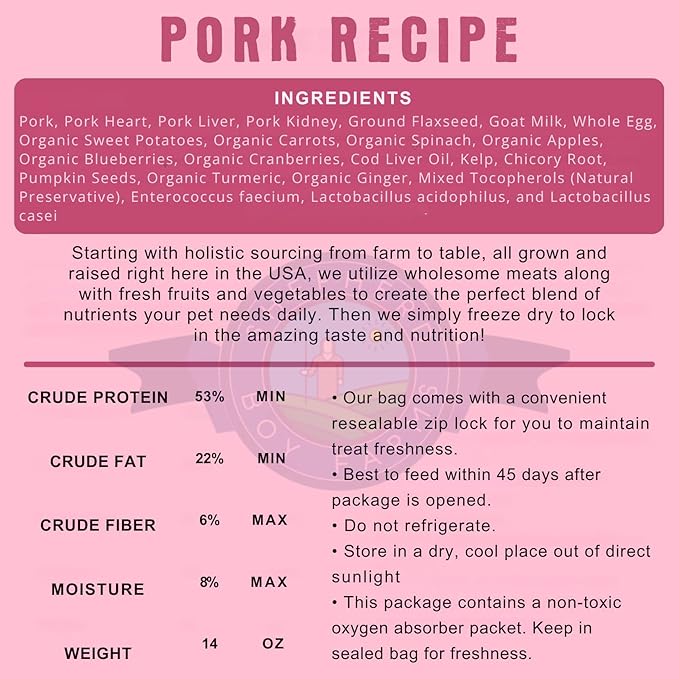 Shepherd Boy Farms Freeze Dried Raw Dog Food, Pork Recipe, All Natural, No Synthetics, Made in USA with Goat's Milk & Organic Produce, High Protein, Complete Meal (48oz)