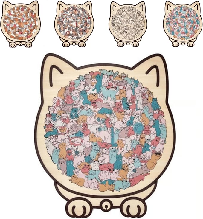 135-Piece Wooden Jigsaw Puzzle, Cat Shaped Puzzle for Home Decor, Cute Animal & Macaron Color Art, Framed Morandi Style Wall Decoration Gift (Maurice Color)