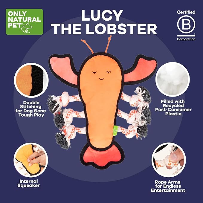Only Natural Pet Sea Creatures Recycled Plush Dog Toy – Durable Double-Stitched Design w/Internal Squeaker, Rope Tug Arms & Plush Tail – Eco-Friendly Squeaky Toy for Dogs | Lucy The Lobster 11” x 12”