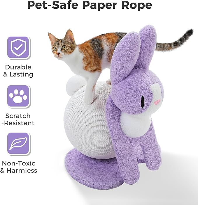 Cute Cat Scratching Post- Bunny Style, Cat Scratcher Toy with Paper Rope, Extra Large Cat Scratch Ball (Ø11.8) for Indoor Kitten, Rabbit Scratch Ball for Kitty to Climb & Play, Purple