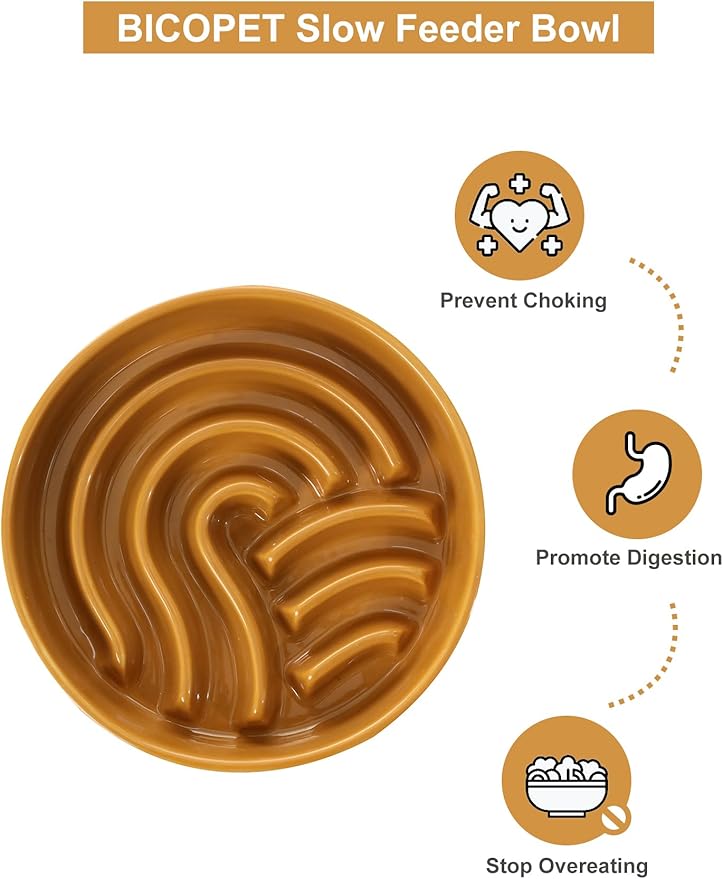 Ceramic Maze Dog Slow Feeder with Non-Slip Silicone Rim (& Bamboo Stand) – Heavy-Duty Stoneware Bowl with Puzzle Pattern for Bloating & Obesity Prevention (Raised-Orange-S)