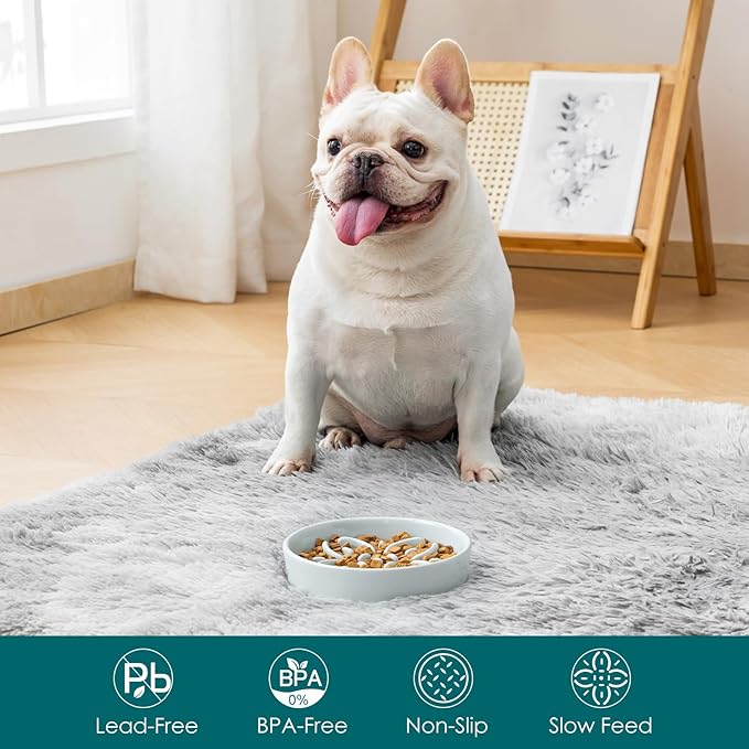 vancasso Ceramic Slow Feeder Dog Bowls, Puzzle Dog Food Bowls with Floral Maze, Anti -Slip Pet Food Dish for Small Breed, 0.6 Cups, Grayish Cyan