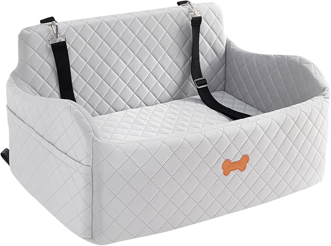 Car Seat for Large Size Dog, Booster Seat for Dogs Under 55 lbs or 2 Small Dogs, Soft Car Dog Bed Filling in Thick Memory Foam with 2 Safety Leashes and Storage Pocket (Grey)