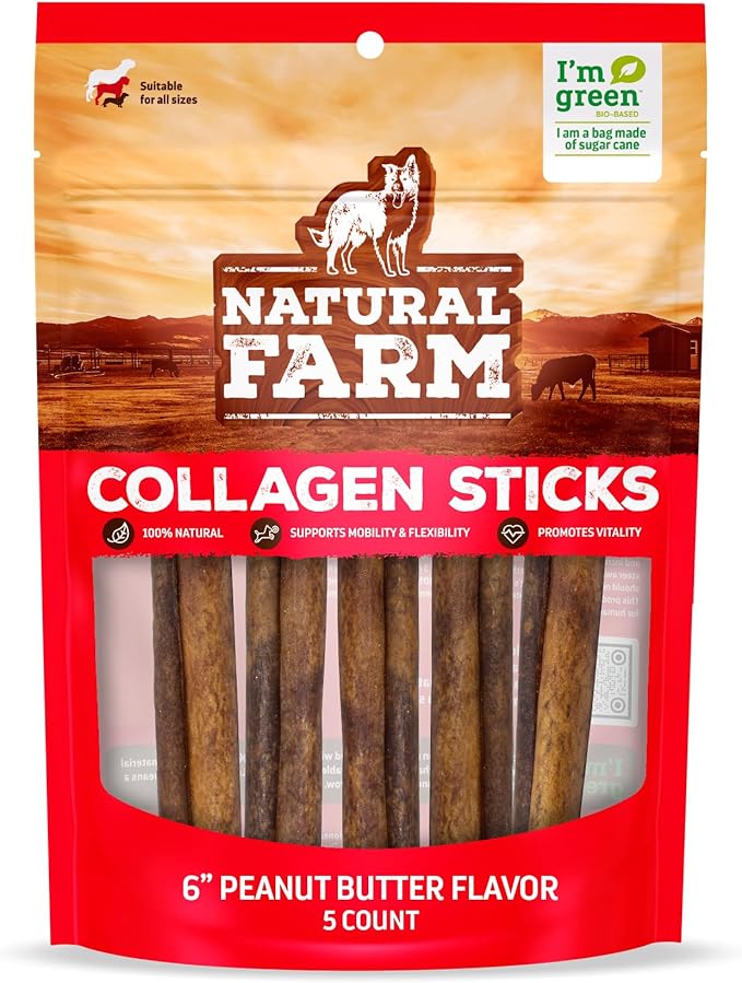 Natural Farm Peanut Butter Flavor Collagen Sticks for Dogs (6 Inch, 5 Pack), Long-Lasting Beef Collagen Chews, Best Rawhide Alternative Chews With Chondroitin & Glucosamine, High-Protein Dental Treats
