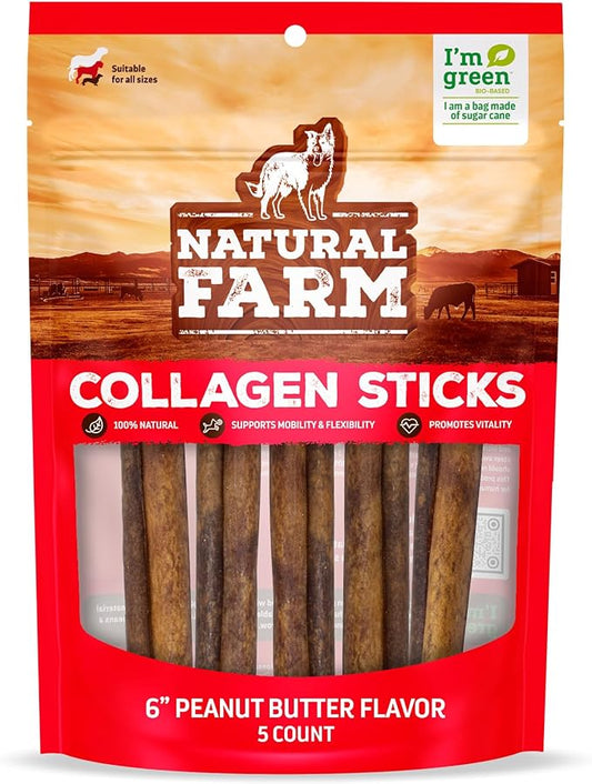 Natural Farm Peanut Butter Flavor Collagen Sticks for Dogs (6 Inch, 5 Pack), Long-Lasting Beef Collagen Chews, Best Rawhide Alternative Chews With Chondroitin & Glucosamine, High-Protein Dental Treats