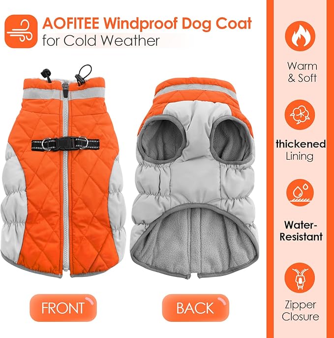AOFITEE Dog Coat, Warm Dog Winter Coat for Large Dogs, Reflective Turtleneck Dogs Jacket with Harness Built in, Waterproof Windproof Pet Puffer Jacket Fleece Vest for Cold Weather, Orange XXXL
