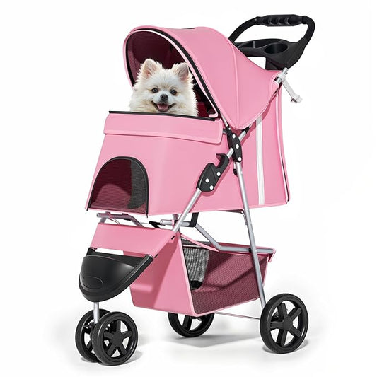 MoNiBloom 3-Wheels Foldable Pet Stroller with Waterproof Cover, Pet Strolling Cart for Small/Medium Dogs and Cats with Storage Basket and Cup Holder, Breathable and Visible Mesh for All-Season, Pink