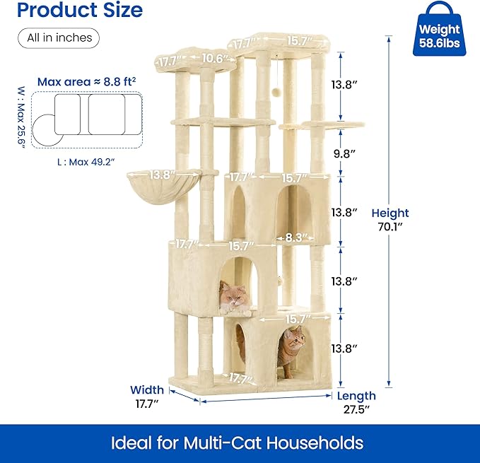MWPO Extra Large Cat Tree - 70.1-Inch Tall Cat Tower with 3 Cat Condos, Multi-Level Cat Stand for Large Cats Featuring Scratching Posts, Padded Perches, Hammock, Dangling Toys, Beige