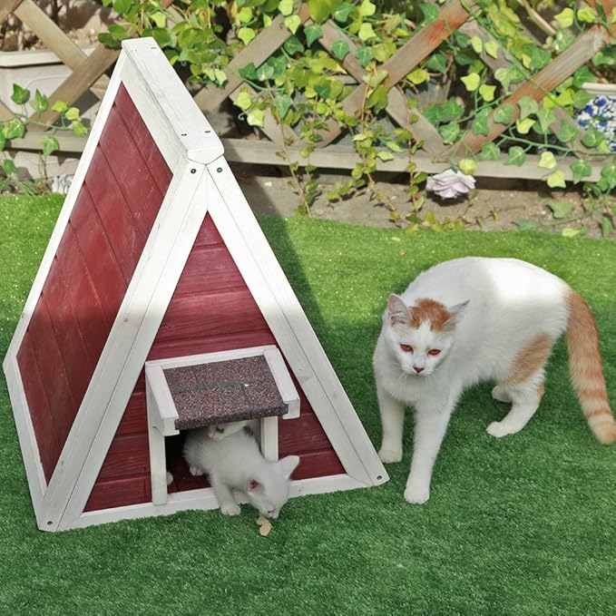 Petsfit Outdoor Cat House Weatherproof, Outside Feral Cat House with Escape Door,Outdoor Indoor Pet House for Small Animal, Small Rabbit Hutch Red