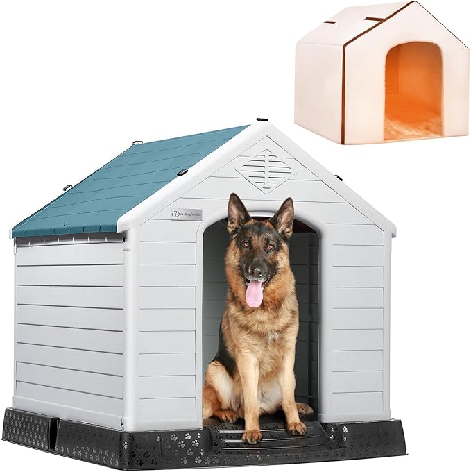 LEMBERI Durable Waterproof Plastic Dog House for Small to Large Sized Dogs, Indoor Outdoor Doghouse Insulated Puppy Shelter with Elevated Floor, Easy to Assemble (Blue with Liner, 42''L*38''W*39''H)