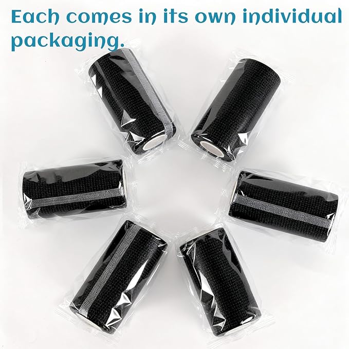6 Rolls Elastic Self Adhesive Bandage Wrap 4 Inch, Breathable Non Woven Cohesive Bandage, Vet Wrap for Dogs, Ankle Sprains Swelling Medical First Aid Tape, Sports Athletic Tape Black