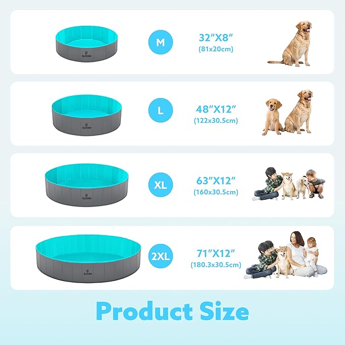 SLOOSH Foldable Dog Kiddie Pool - Portable Hard Plastic Doggie Swimming Pool, Anti-Slip Collapsible Pets Bath Tub Suitable for Kids Toddler Indoor Outdoor Backyard Use (Gray, 71" x 12")