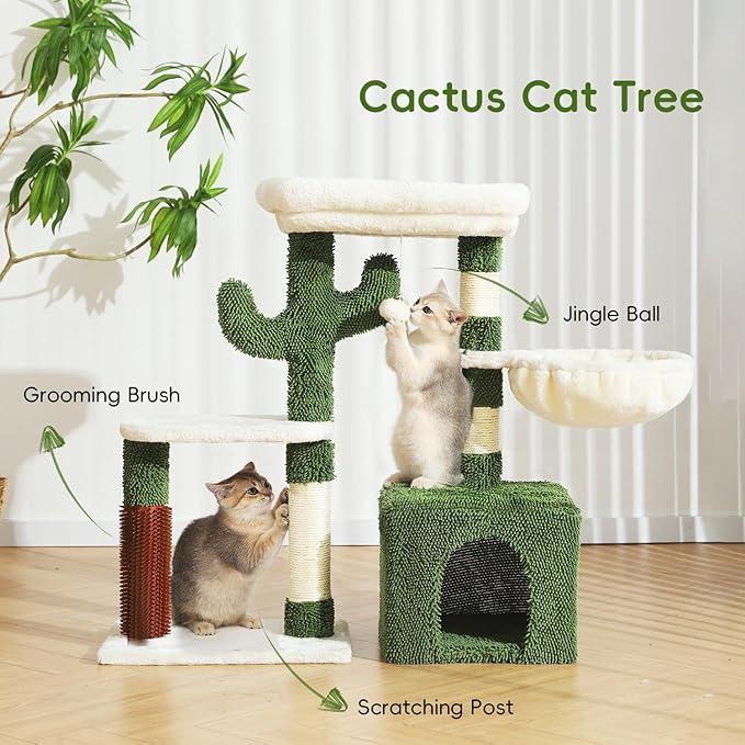 Hoopet 32-Inch Small Cat Tree for Indoor Cats, Cactus Cat Tower with Sisal Scratching Posts, Cozy Condo, Plush Perch, and Hanging Ball, Ideal for Kittens & Small Cats