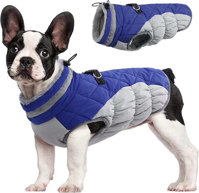 FUAMEY Dog Coat for Medium Dogs,Waterproof Dog Winter Jacket with Harness Built in Puppy Cold Weather Coats Reflective Pet Vest with Zipper Warm Fleece Dogs Snowsuit Windproof Blue M