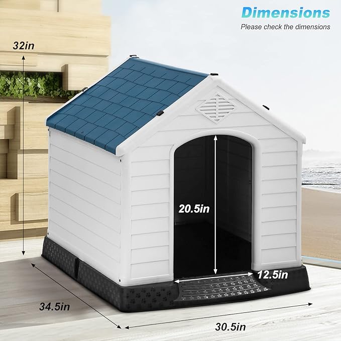 FDW Dog House Indoor Outdoor Durable Ventilate Waterproof Pet Plastic Dog House for Small Medium Large Dogs Insulated Puppy Shelter Kennel Crate with Air Vents and Elevated Floor