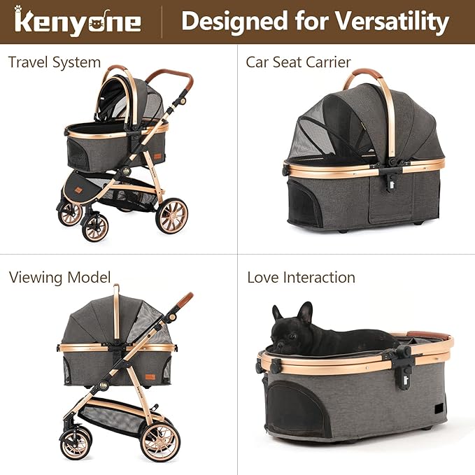 Kenyone Pet Stroller 3 in 1 for Medium Small Size Dogs Luxury Large Cat Stroller Detachable Carrier for Puppy, Kitty, Doggie (C510L Dark Gray)
