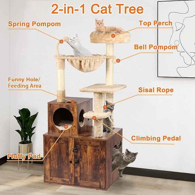 Cat Tree with Litter Box Enclosure, 2-in-1 Cat Tower for Indoor Cats, Large Wood Cat Condo with Basket, Scratching Posts, Pompoms, Rustic Brown