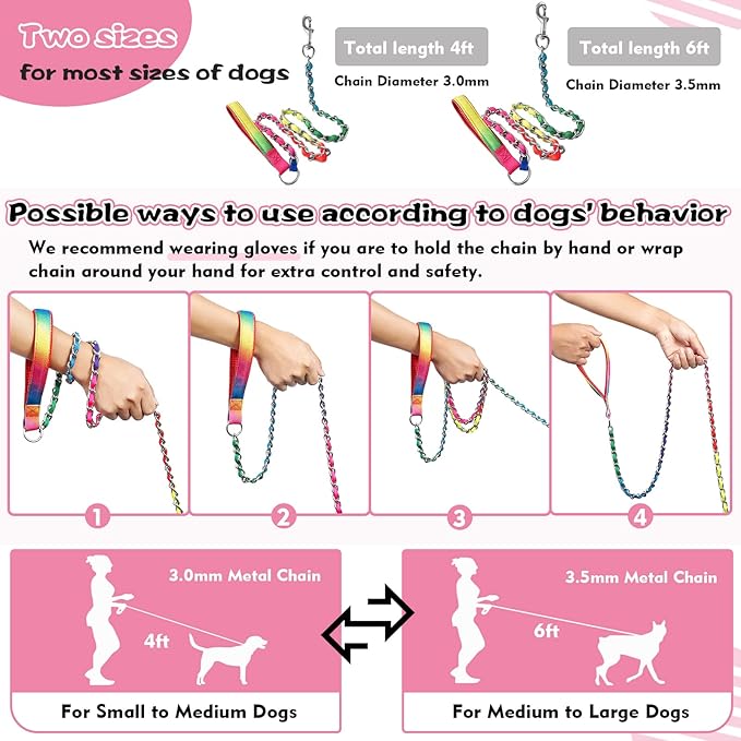 Chain Dog Leash Chew Proof, Metal Chain and Nylon Rope Pet Dog Leash with Padded Handle, Heavy Duty Leashes for Medium Large Dogs Training, Walking
