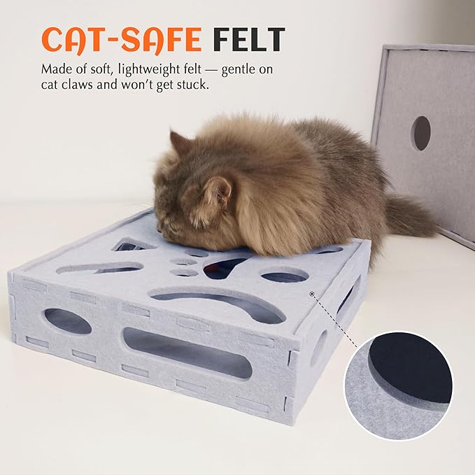 PETKARAY Felt Cat Puzzle Toy, Interactive Cat Toys for Indoor Cats, Interactive Maze for Kitten Felt Puzzle Box with Ball, Grey
