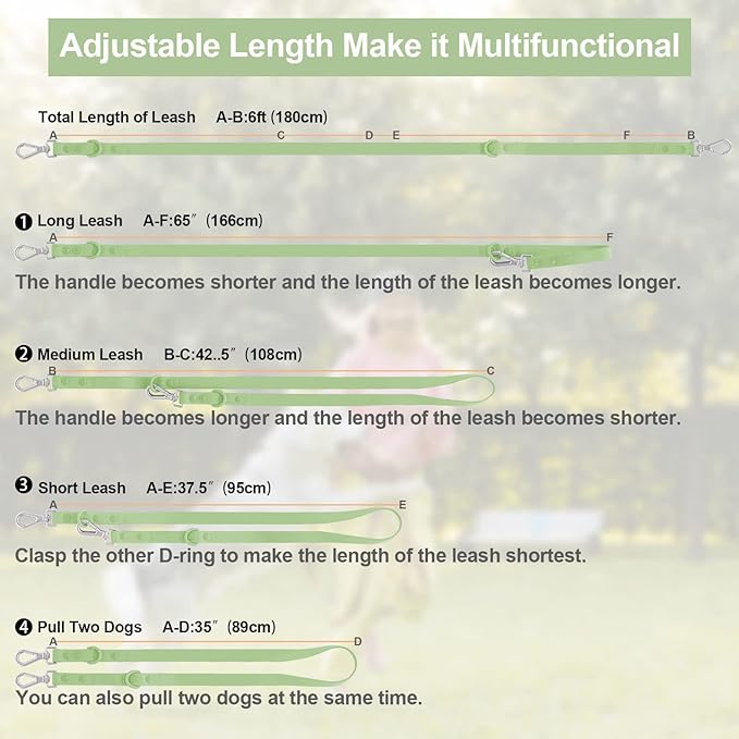Wisedog Waterproof Dog Leash – 5ft/6ft Adjustable with 2 Hooks & Traffic Handle, Easy to Clean Double Clip Leash for Small, Medium, Large Dogs (Sage Green,L)