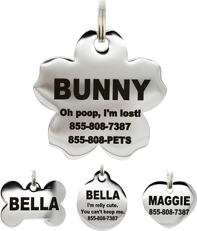 Stainless Steel Pet ID Tags - Engraved Personalized Dog Tags, Cat Tags Front & Back up to 8 Lines of Text – Bone, Round, Heart, Flower, Badge, House, Star, Rectangle, Bow Tie