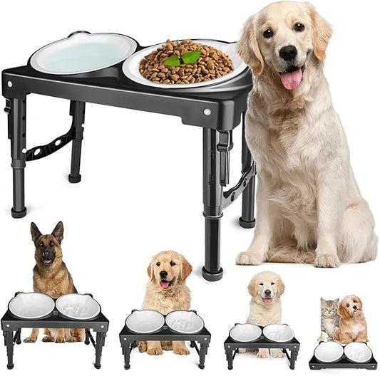 Elevated Dog Bowls Collapsible for Large Size Medium Small Dogs, 2 Raised Dog Bowls for Food Water &1 Slow Feeder Bowl, 5 Heights Adjustable Bowl Stand with Non-Slip Feet