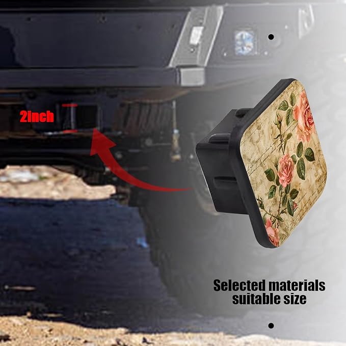 Hitch Cover Fits for 2-Inch Hitch,Vintage Roses and Script On Vintage Paper Background Rubber Trailer Hitch Cover Tube Plug Insert,Car Exterior Accessories, Receiver Tube Hitch Plug