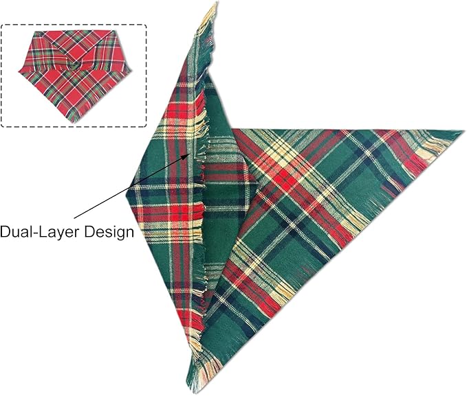 Christmas Dog Bandanas 2PCS-Small,Holiday Scarf Two-Sided with Tassels Edges,Stylish Triangle Dog Outfit for Boy and Girl,Winter Christmas Classic Red Green Plaid Pet Costume for Small Dogs