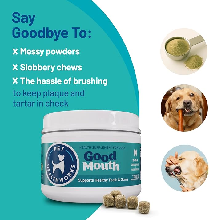 Good Mouth Dental Chews for Dogs – Controls Plaque & Tartar, Promotes Fresh Breath, Supports Gum & Oral Health – Clinically Studied, Cheeseburger Flavor, No Mess, 60 Soft Chews