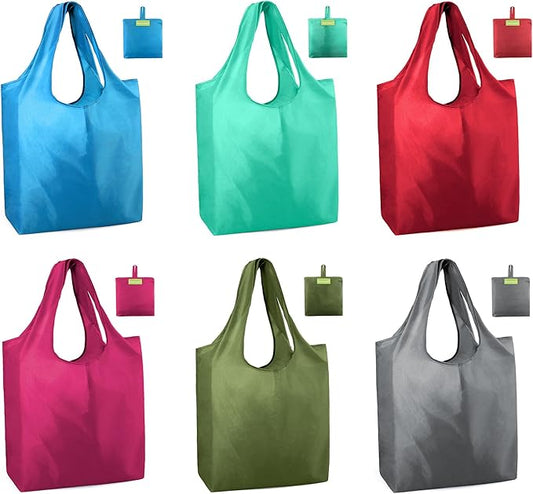 BeeGreen Colorful Reusable Grocery Bags 6 Pack, Heavy Duty Totes for Women, Foldable Grocery Bag Large Shopping Totes with Handles for Work, Travel, Gift, Store, Polyester Washable Reusable Tote Bag