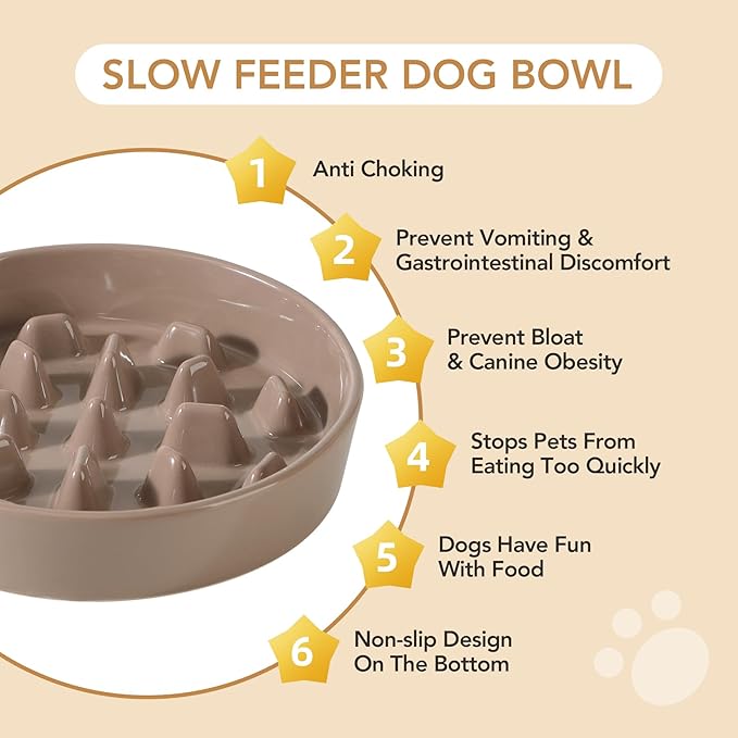 Ceramic 3.2 Cup Dog Bowl Slow Feeder, 9.5 inch Slow Pet Food Dish for Large Dog, Stop Bloat, Preventing Choking(Single Bowl, Brown Coffee)