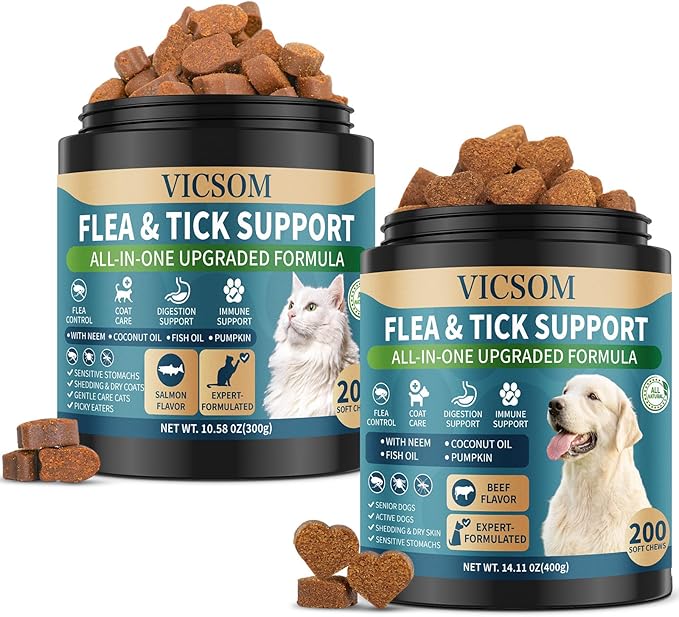 Flea and Tick Prevention for Dogs & Cats Chewable, 400 Treats (200 Dog + 200 Cat) – Natural Oral Flea Treatment for Dogs & Cats with Skin & Digestive Support, Beef & Salmon Flavor, All Breeds & Ages