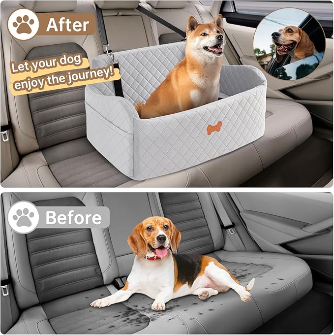 Car Seat for Large Size Dog, Booster Seat for Dogs Under 55 lbs or 2 Small Dogs, Soft Car Dog Bed Filling in Thick Memory Foam with 2 Safety Leashes and Storage Pocket (Grey)