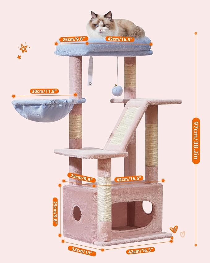 Taoqimiao Cat Tree,38.5-Inch Cat Tower for Indoor Cats,Suitable for Kittens with Luxurious cat condo with Adjustable Baskets and Luxurious Perch MS029SPB Pink and Blue