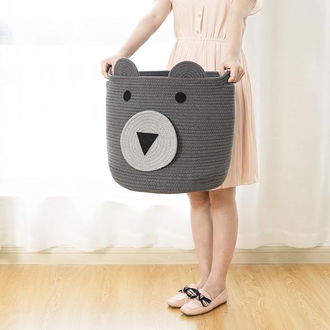 VK VK·LIVING Cotton Rope Bear Animal Basket Foldable Large Woven Storage Basket Baby Nursery Cute Laundry Hamper for Toys, Blanket, Clothes in Bedroom Living Room Toy Box for Baby 14x14 Grey