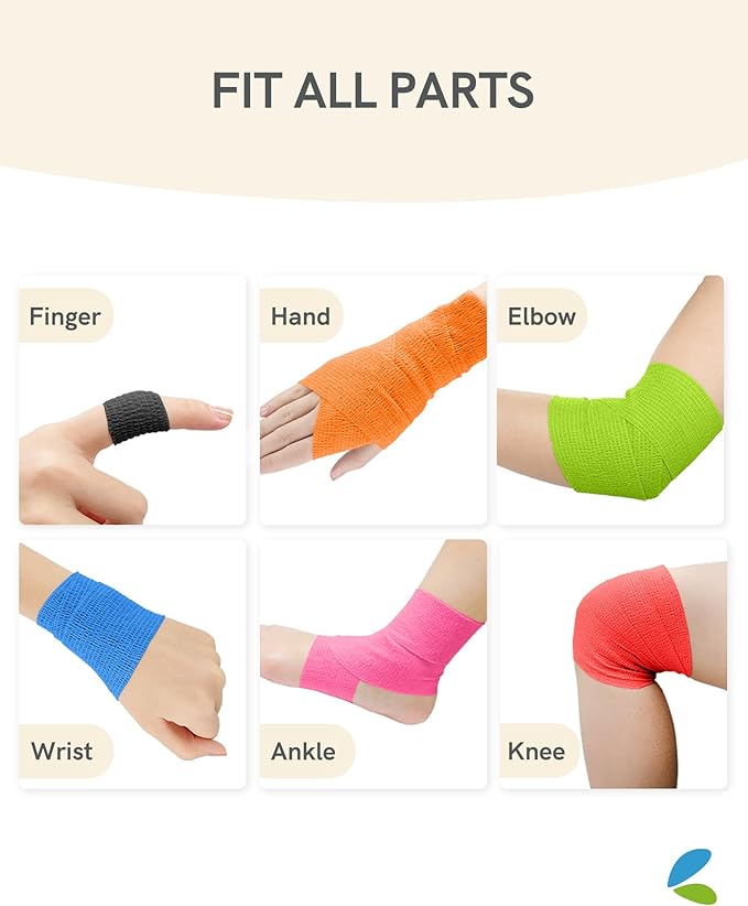 FriCARE Self Adhesive Bandage Wrap, Medical Tape in First Aid Kit, Cohesive Bandages for Wounds Sport Vet, FSA/HSA Eligible, 2 Inches X 5 Yards 6 Rolls, Sporty