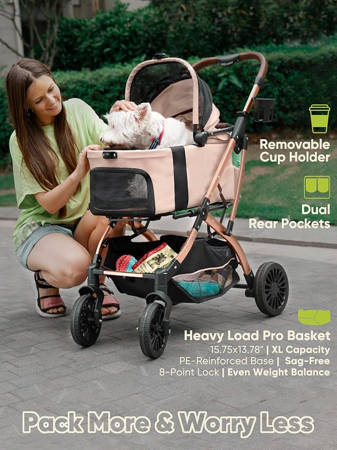 Small Dog Stroller, Pet Stroller for Small Dogs, 5-in-1 Dog Strollers - Fold All in One Without Detaching Carrier, Pet Strollers with Removable Waterproof Carrier for Dogs Cats 10 lbs 20 lbs - Khaki