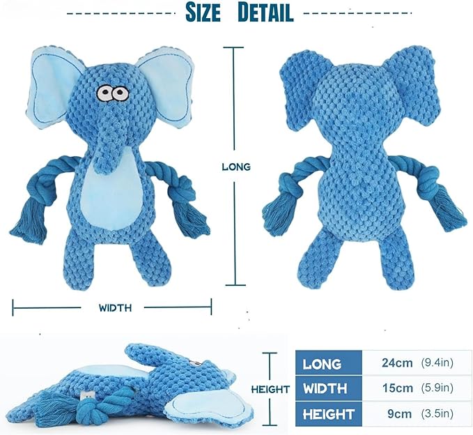 Cotton Rope Squeaky Dog Toy with Crinkle Paper – Interactive Plush Chew Toy for Small & Medium Puppies, Elephant Design