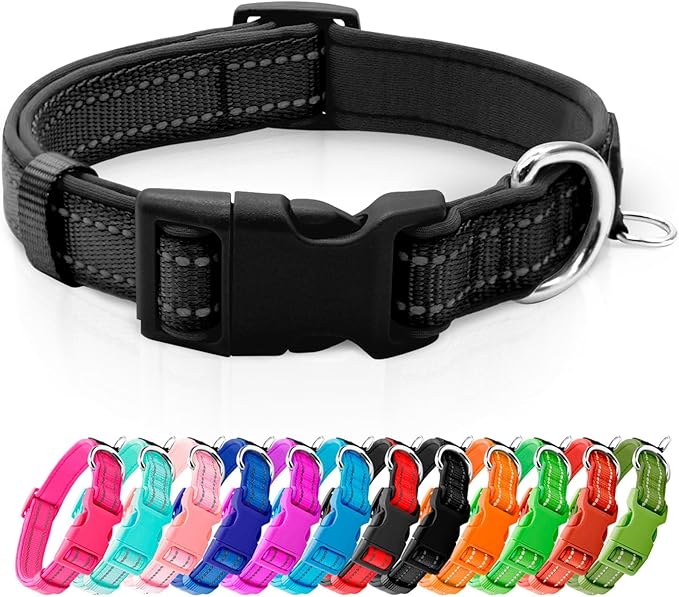 azuza Reflective Dog Collar, Soft Neoprene Padded Pet Collar with ID Tag Ring, Adjustable for Small Dogs,Black,S