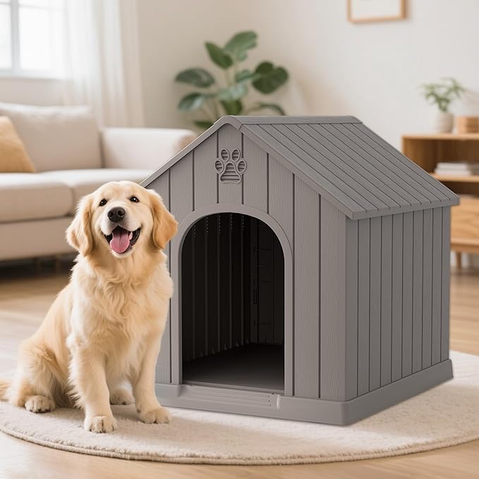 Large Dog House Outdoor Indoor for Medium Large Dogs, Durable Plastic Waterproof Doghouse with Air Vents and Elevated Floor, Easy Clean and Assemble (Light Grey, 36.2''L×38''W×38''H)