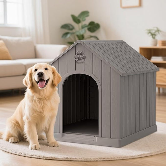 Large Dog House Outdoor Indoor for Medium Large Dogs, Durable Plastic Waterproof Doghouse with Air Vents and Elevated Floor, Easy Clean and Assemble (Light Grey, 36.2''L×38''W×38''H)