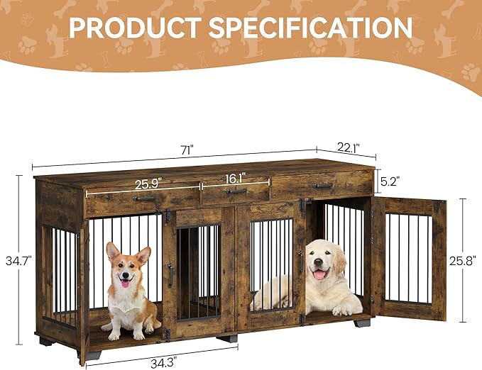 71'' Dog Crate Furniture, XXL Indoor Dog Kennel TV Stand End Table with Double Doors, 3 Drawers and Removable Room Divider, Wooden Double Dog Crate for 2 Dogs for Large Medium Dogs, Rustic Brown