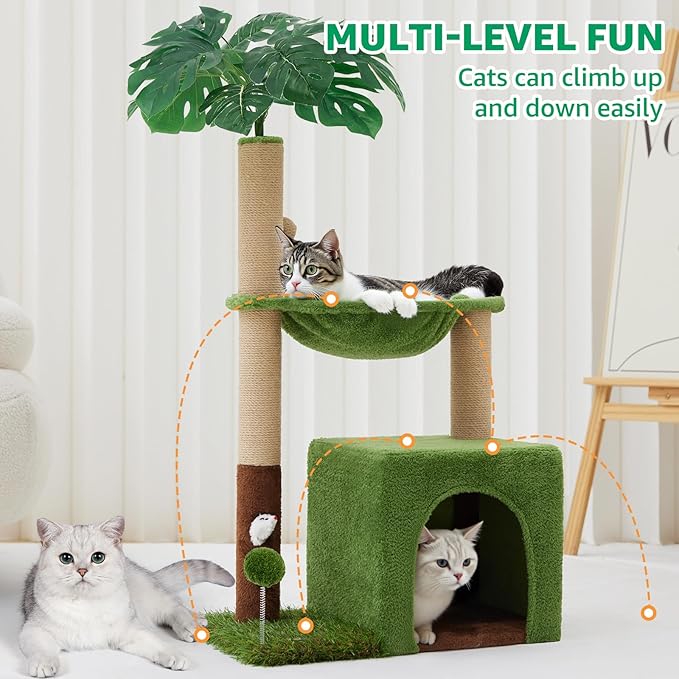 37" Cat Tree Tower for Indoor Cats，2-in-1 Multi-Functional Comfort with Premium Sisal Scratching Post, Cat Cando with Mouse Hole and Plush Toy Ball Large Hammock for Kitty or Small Cats
