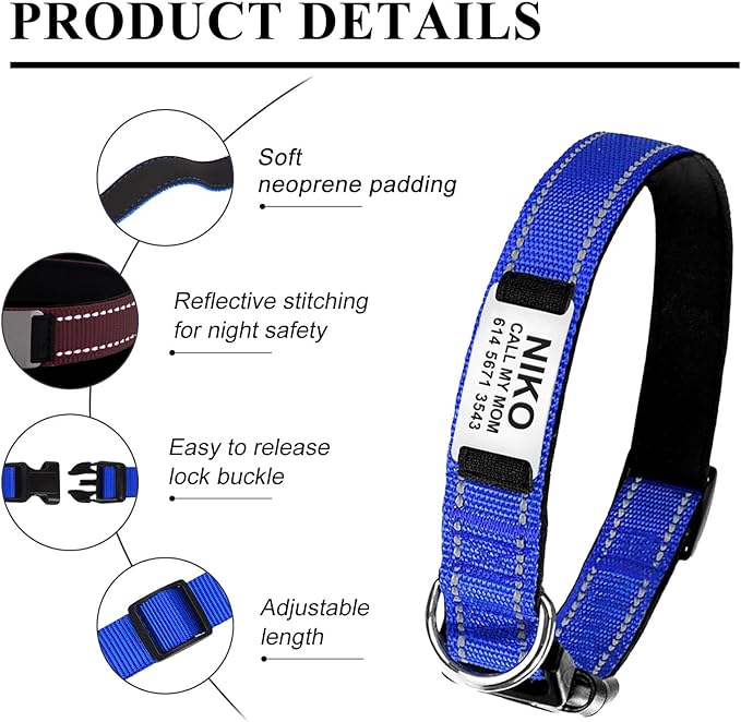 Custom Dog Collars with Name Plate, Engraved Name Plate ID Tags with Reflective Nylon Dog Collar,Soft Neoprene Padded Adjustable Pet Collar for Small Medium Large Dogs,M Green