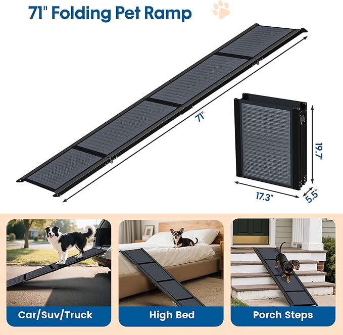 HBTower 71" Long & 17.3" Wide Folding Dog Ramp for Car, SUV & Truck – Portable Pet Ramp with Non-Slip Surface, Extra Wide Steps for Large Dogs Up to 250LBS