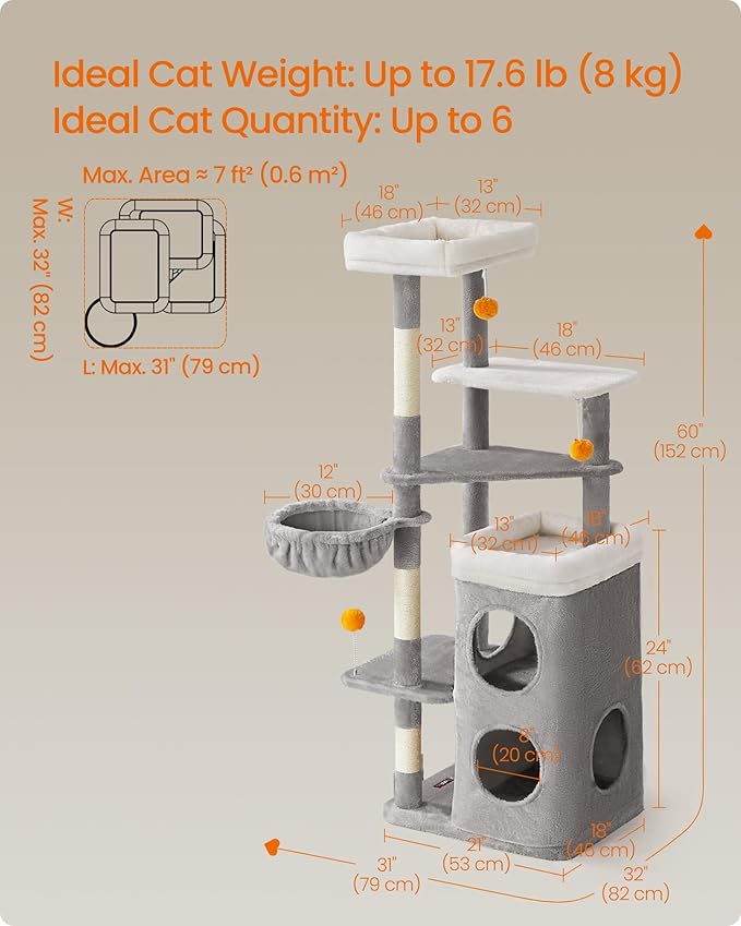 Feandrea Tall Cat Tree Tower, Multiple-Level Cat Condo with 2 Caves, 3 Scratching Posts, 3 Perches, Dove Gray UPCT007G01
