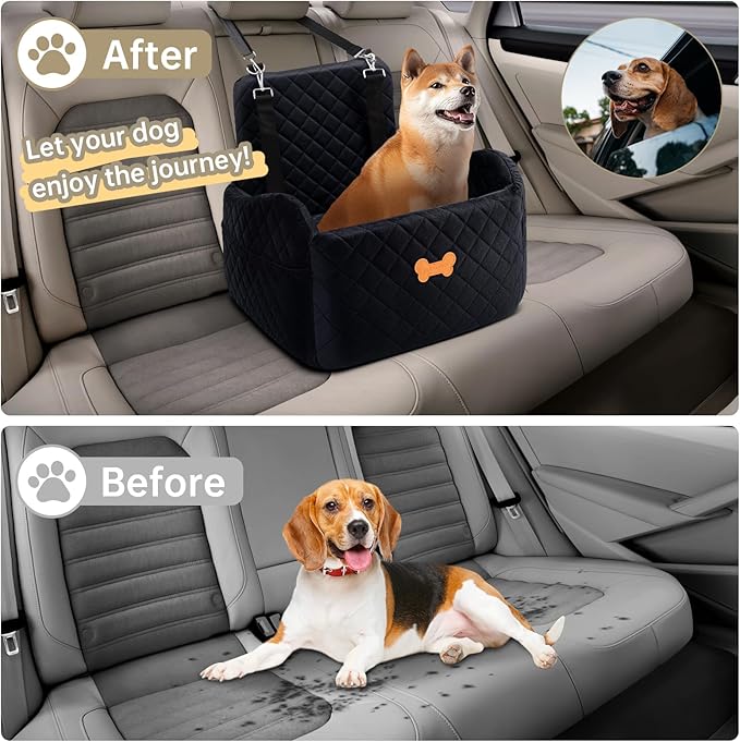 Dog Car Seat for Small Dogs, Dog Booster Seat Filling in Thick Memory Foam with 2 Safety Leashes and Storage Pocket, Suitable for Pet Under 30lb or 2 Puppies (Black)