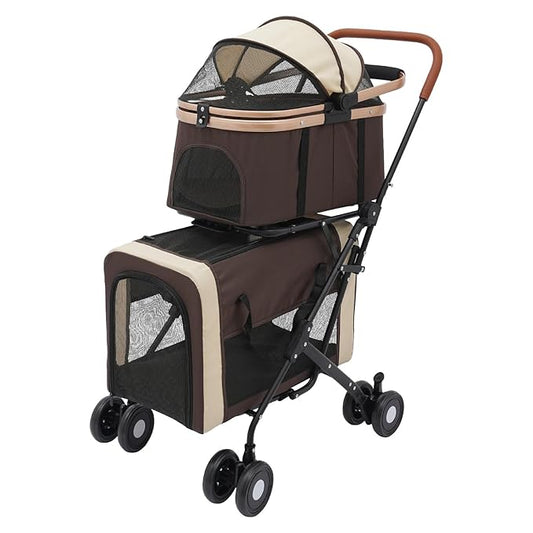 Double Pet Stroller for Small Medium Dogs & Cats, 3 In1 Detachable Pet Strollers with 2 Carriers and 360° Wheels, 77 Lbs Capacity Outdoor Cat Dog Carts Lightweight (Coffee Color)